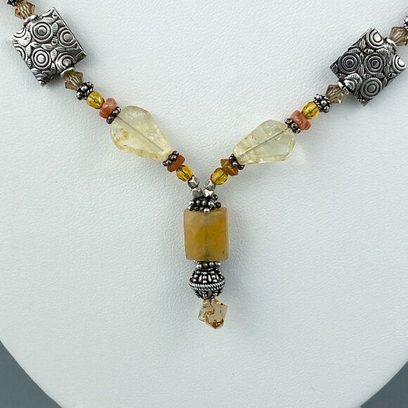 Gold Orange Clear Quartz Beaded Toggle Necklace | Vintage Silver Plated | 21" - Picture 5 of 8